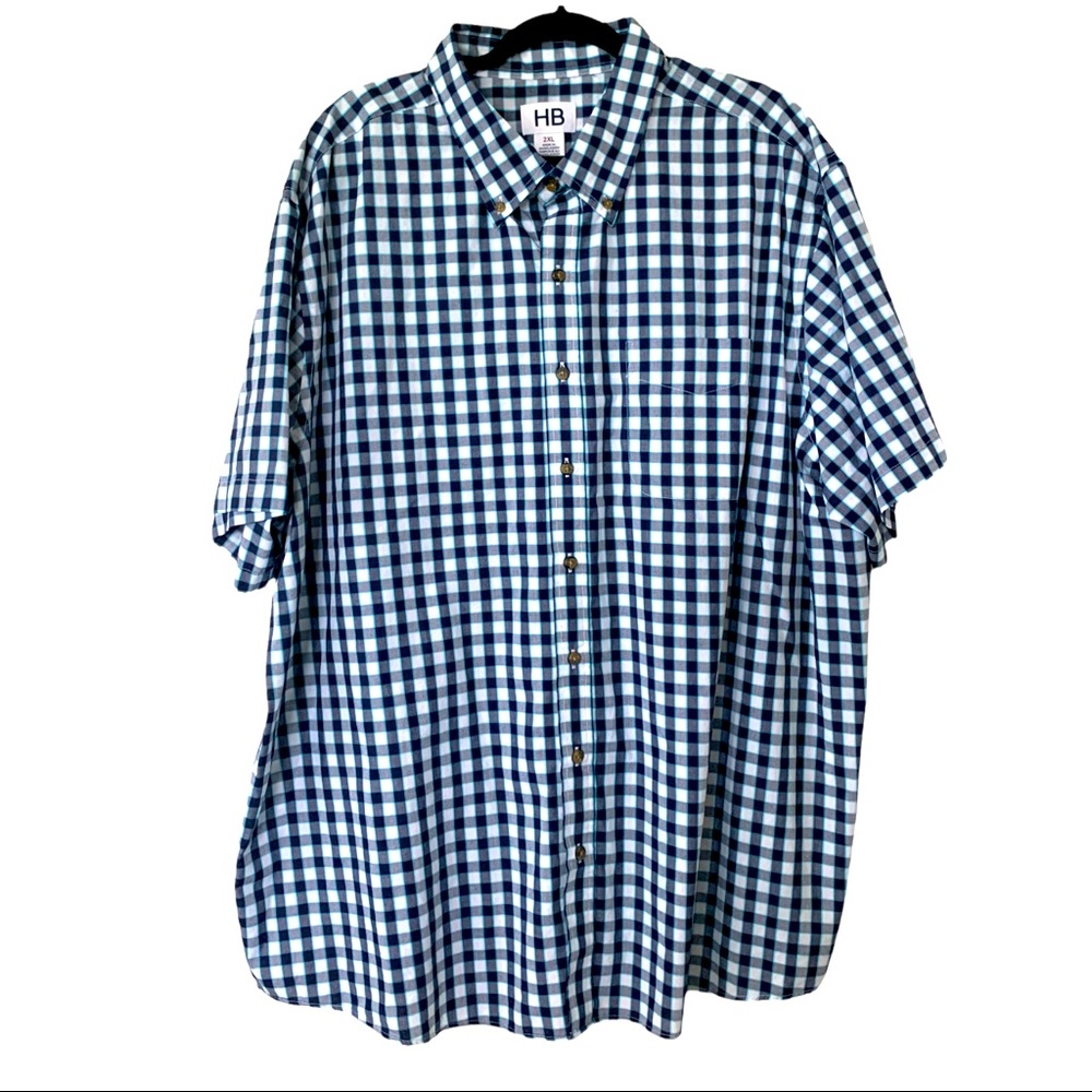 HB Button Up Men’s Short Sleeve Shirt Size 2XL Plaid Blue White